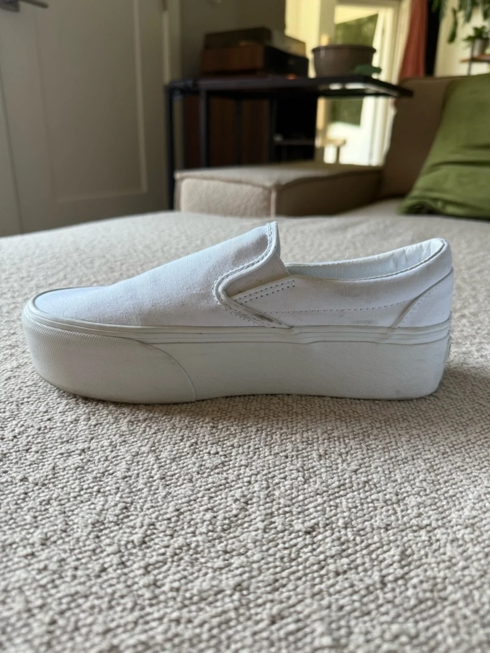 Vans Women’s Platform White Slip-On Canvas Sneakers - Picture 2 of 10